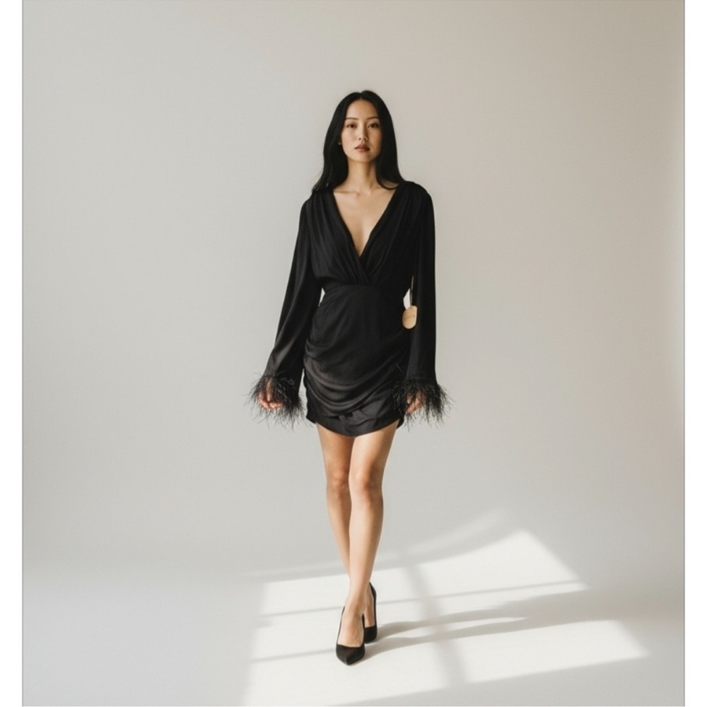 Luxxel Cocktail Mini Dress with feather Trimmed Sleeves Sz M NWT